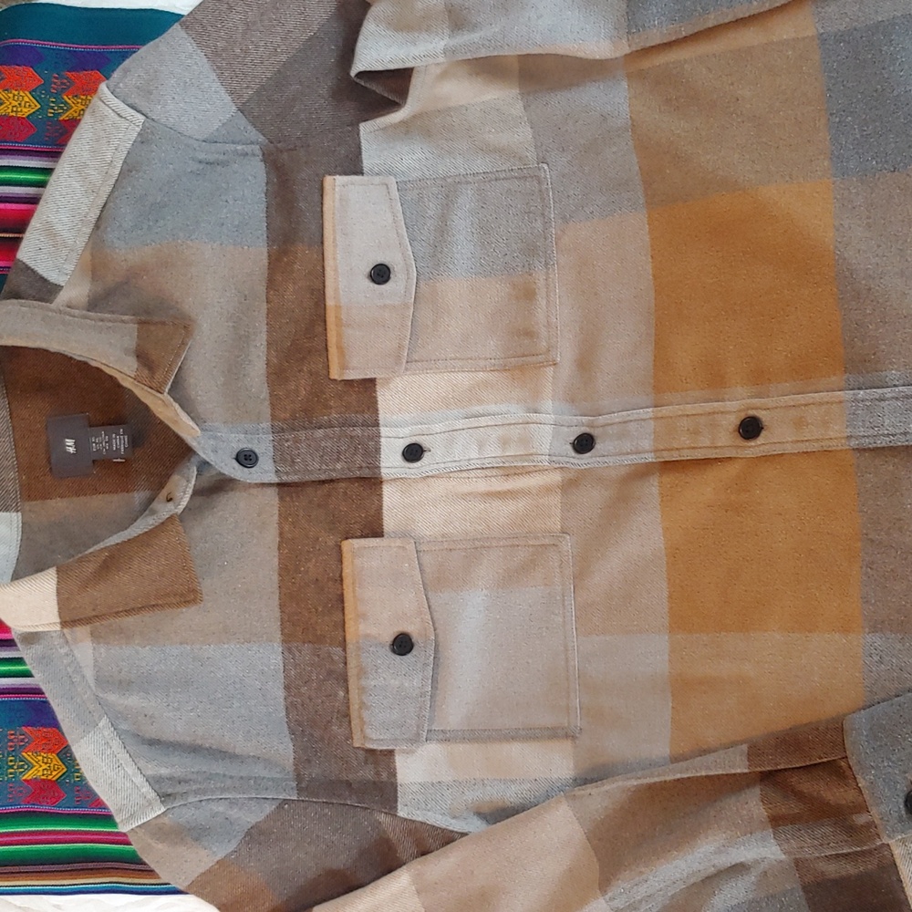 Men's Plaid Polyester Blend Button Shirt Brown, Tan, XL - Picture 11 of 15